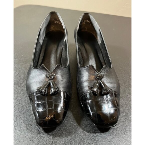 Vintage California Magdesians Heels Pumps Black Croc Leather Tassel 8.5 M - Picture 1 of 7